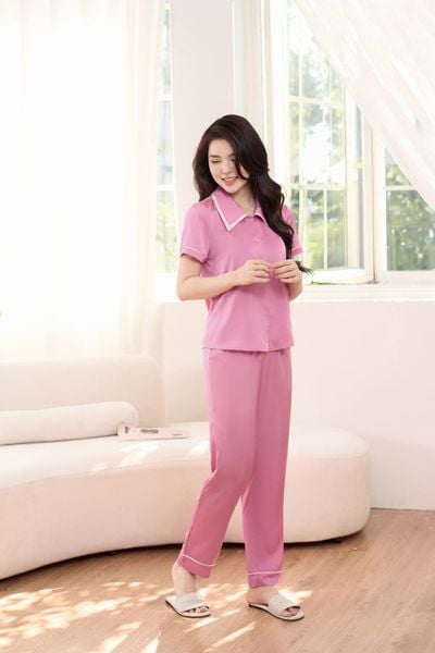  Bộ Pijama suông tay cộc cổ nhạn phối màu chất lụa mềm mại 