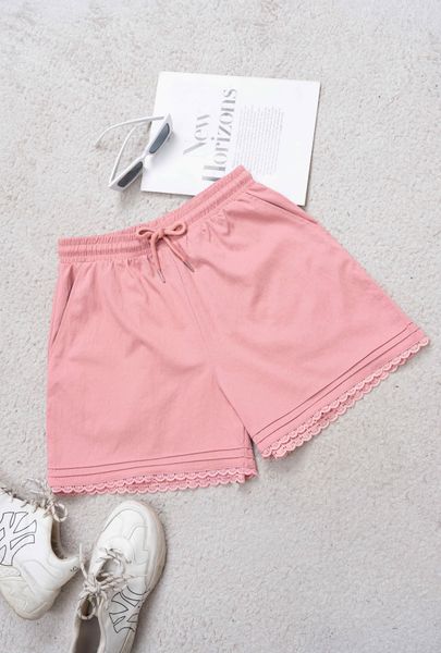  Quần Short Nữ Younger by Cardina Dáng A Vải Thô Linen Gấu Ren 