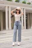 Quần jean nữ Cardina ống suông rộng cạp cao che khuyết điểm 