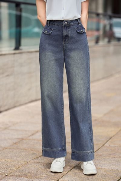  Quần jean nữ cạp cao dáng suông túi nắp giả trước 