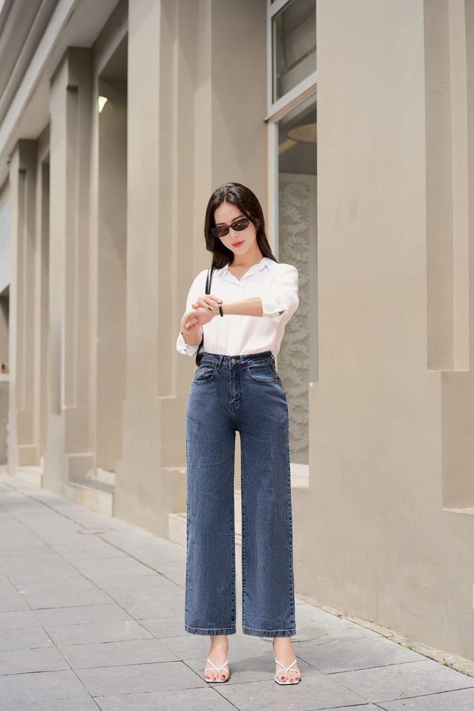  Quần jean nữ Cardina ống suông rộng cạp cao che khuyết điểm 
