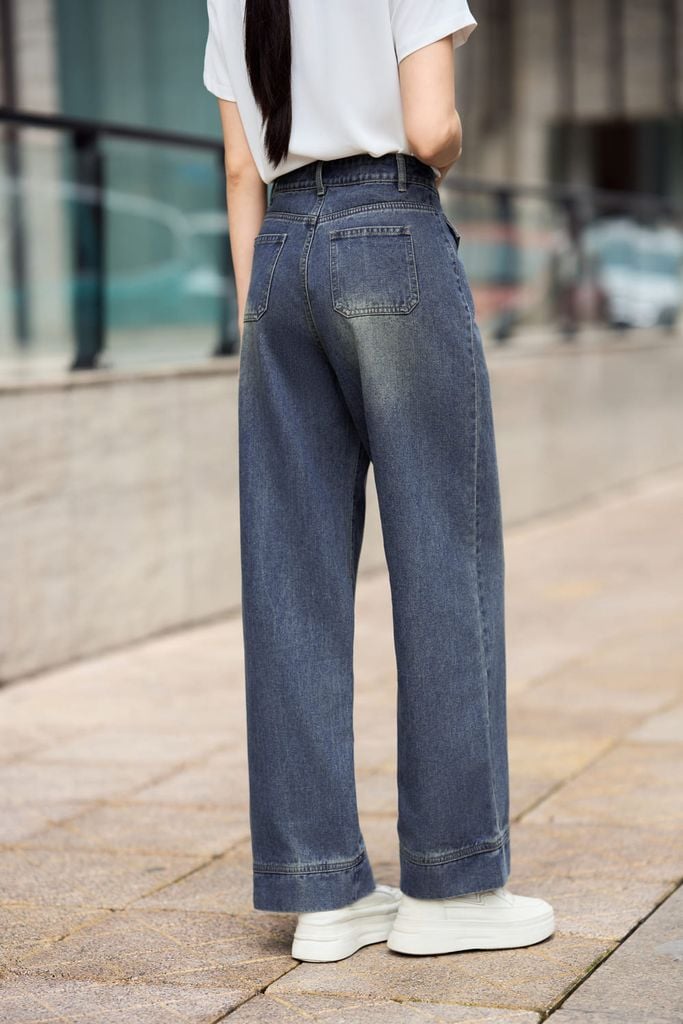  Quần jean nữ cạp cao dáng suông túi nắp giả trước 