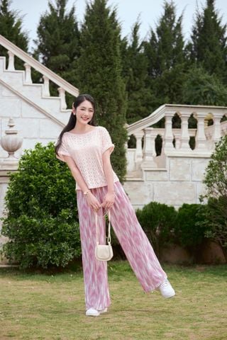 Quần suông nữ chất liệu lụa băng dập ly họa tiết