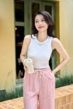  Quần suông nữ Cardina dòng casual vải đũi họa tiết sọc cạp chun 
