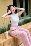  Quần suông nữ Cardina dòng casual vải đũi họa tiết sọc cạp chun 