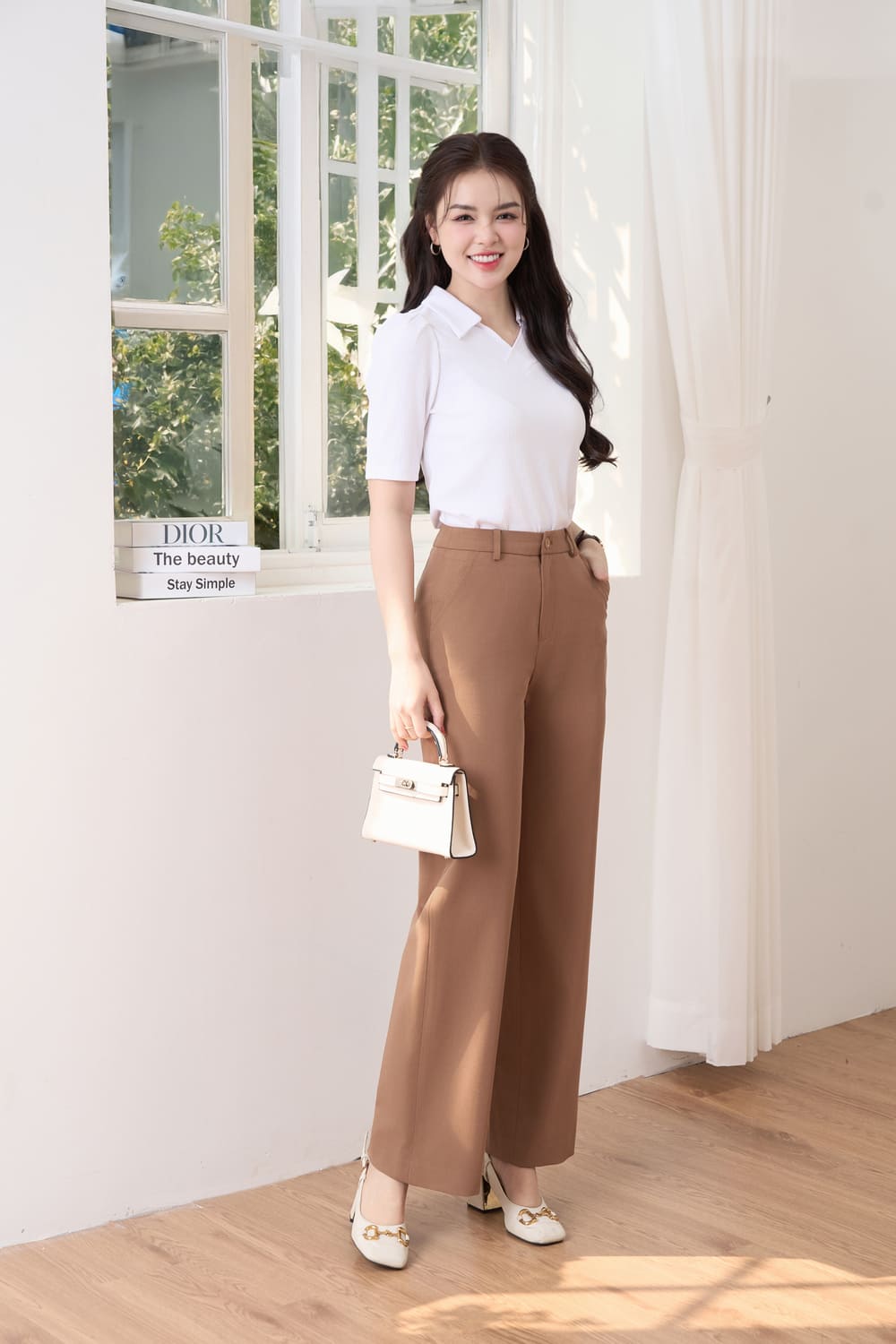 Quần suông nữ cạp cao chất chéo Nhật thanh lịch
