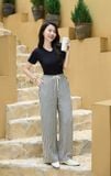  Quần suông nữ Cardina dòng casual vải đũi họa tiết sọc cạp chun 