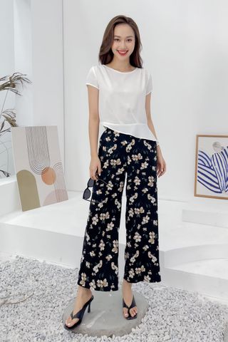 Bộ áo đũi trơn vạt chéo, quần mango suông họa tiết