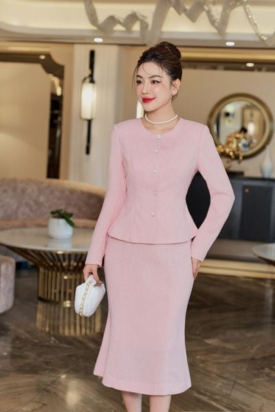  Bộ đồ công sở nữ chất dạ cúc cài cổ tròn phối chân váy đuôi cá thanh lịch 