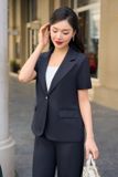  Set blazer công sở chất liệu tuýt si kiểu dáng tay cộc quần suông 