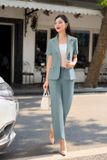  Set blazer công sở chất liệu tuýt si kiểu dáng tay cộc quần suông 