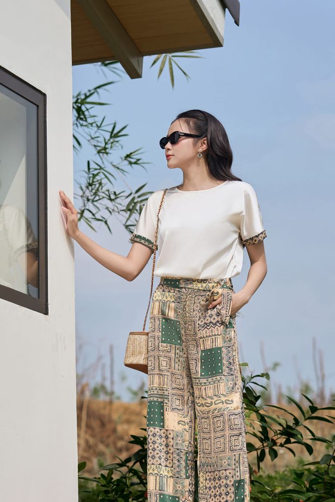  Set lụa satin cao cấp quần dài hoạ tiết có phối bo gấu Cardina 