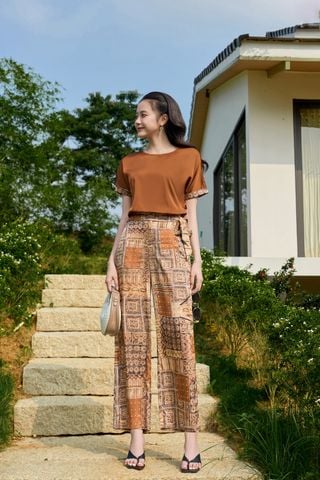 Set lụa satin cao cấp quần dài hoạ tiết có phối bo gấu Cardina