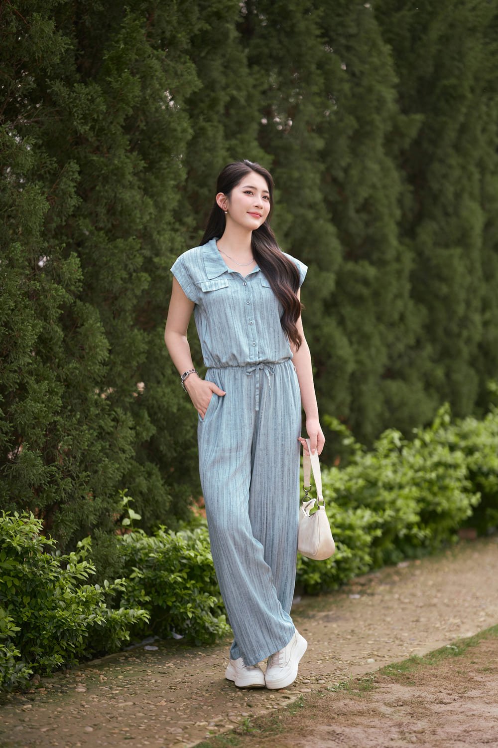 Set đũi kẻ sơmi tay liền quần suông nắp túi giả trang trí