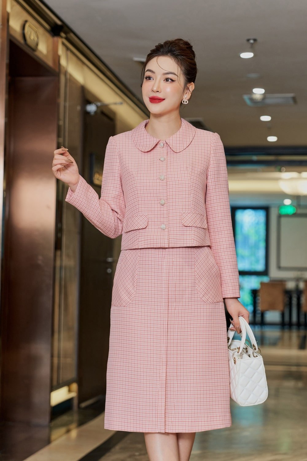 Set áo dạ tweed cổ sen dáng lửng chân váy chữ A túi ốp xẻ trước