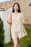  Bộ Đồ Nữ Tay Bồng Vải Tơ Phẩy Nhăn Họa Tiết Dây Hoa 