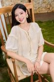  Bộ Đồ Nữ Tay Bồng Vải Tơ Phẩy Nhăn Họa Tiết Dây Hoa 