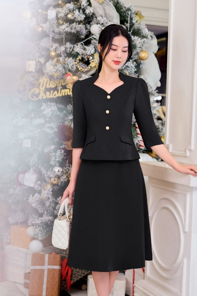  Set chân váy chữ A áo cổ nữ hoàng tay lỡ chất liệu dạ tweed không nhăn 