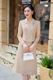  Set chân váy áo ký giả cổ sen 2 hàng khuy chất dạ họa tiết răng sói 