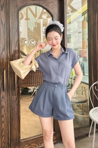 Set sơ mi kẻ nữ mix quần short jean giấy trẻ trung