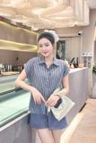  Set sơ mi kẻ nữ mix quần short jean giấy trẻ trung 