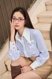  Áo sơ mi nữ chất thô kẻ cổ nhạn thêu chuồn chuồn 