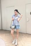  Set sơ mi kẻ nữ mix quần short jean giấy trẻ trung 