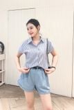  Set sơ mi kẻ nữ mix quần short jean giấy trẻ trung 
