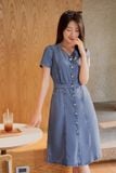  Đầm thiết kế vải jean dáng A cúc trước thanh lịch, chun eo trẻ trung 