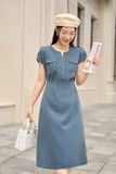  Váy chữ A tay liền trang trí cá vai chất bò lụa cao cấp 