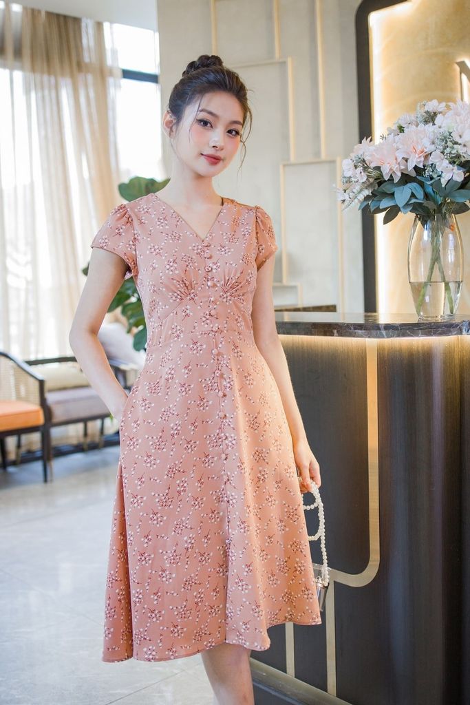  Đầm công sở chất lụa mango cao cấp dáng xòe cổ chữ v họa tiết sang trọng 