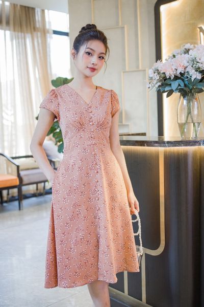  Đầm công sở chất lụa mango cao cấp dáng xòe cổ chữ v họa tiết sang trọng 