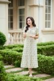  Đầm lanh cổ tim dáng A đuôi cá họa tiết hoa nhí 