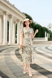  Đầm thiết kế dập ly eo cao cổ nơ chất liệu chiffon dáng xoè 