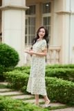  Đầm lanh cổ tim dáng A đuôi cá họa tiết hoa nhí 