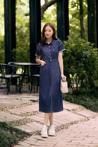 Đầm jean dáng A Cardina cổ đức tay cộc dáng dài