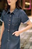  Đầm jean dáng A Cardina cổ đức tay cộc dáng dài 