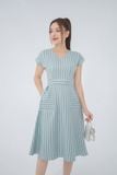  Đầm kẻ cổ V tay liền dáng A chất thô dệt hoạ tiết kẻ Herringbone 