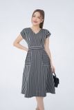  Đầm kẻ cổ V tay liền dáng A chất thô dệt hoạ tiết kẻ Herringbone 