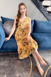  Đầm nữ chất lanh dáng suông lệch tầng họa tiết 