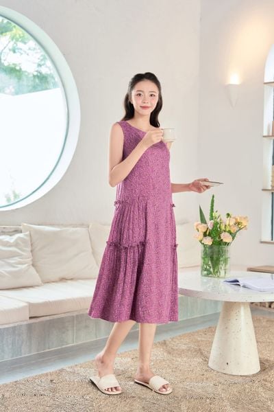  Đầm suông sát nách chất liệu lanh cao cấp họa tiết hoa nhí 