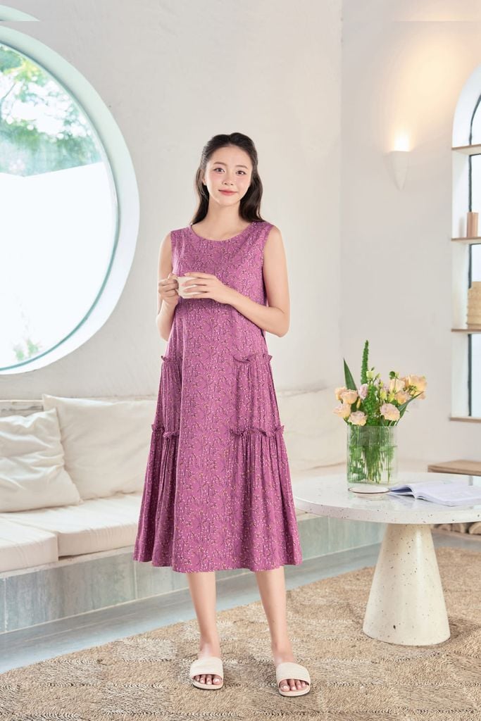  Đầm suông sát nách chất liệu lanh cao cấp họa tiết hoa nhí 