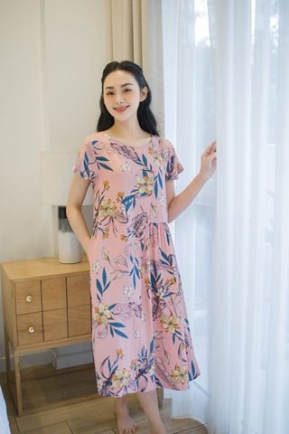 Đầm cao cấp chất lanh tre kiểu dáng cổ tròn cộc tay vạt chéo họa tiết