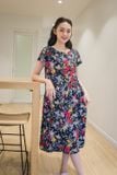  Đầm cao cấp chất lanh tre kiểu dáng cổ tròn cộc tay vạt chéo họa tiết 