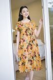  Đầm cao cấp chất lanh tre kiểu dáng cổ tròn cộc tay vạt chéo họa tiết 