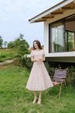  Đầm maxi đi biển kiểu dáng xếp ly cổ xòe 3 tầng điệu đà chất chiffon mềm mại 