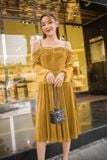 Đầm nhung dáng A vai trễ 