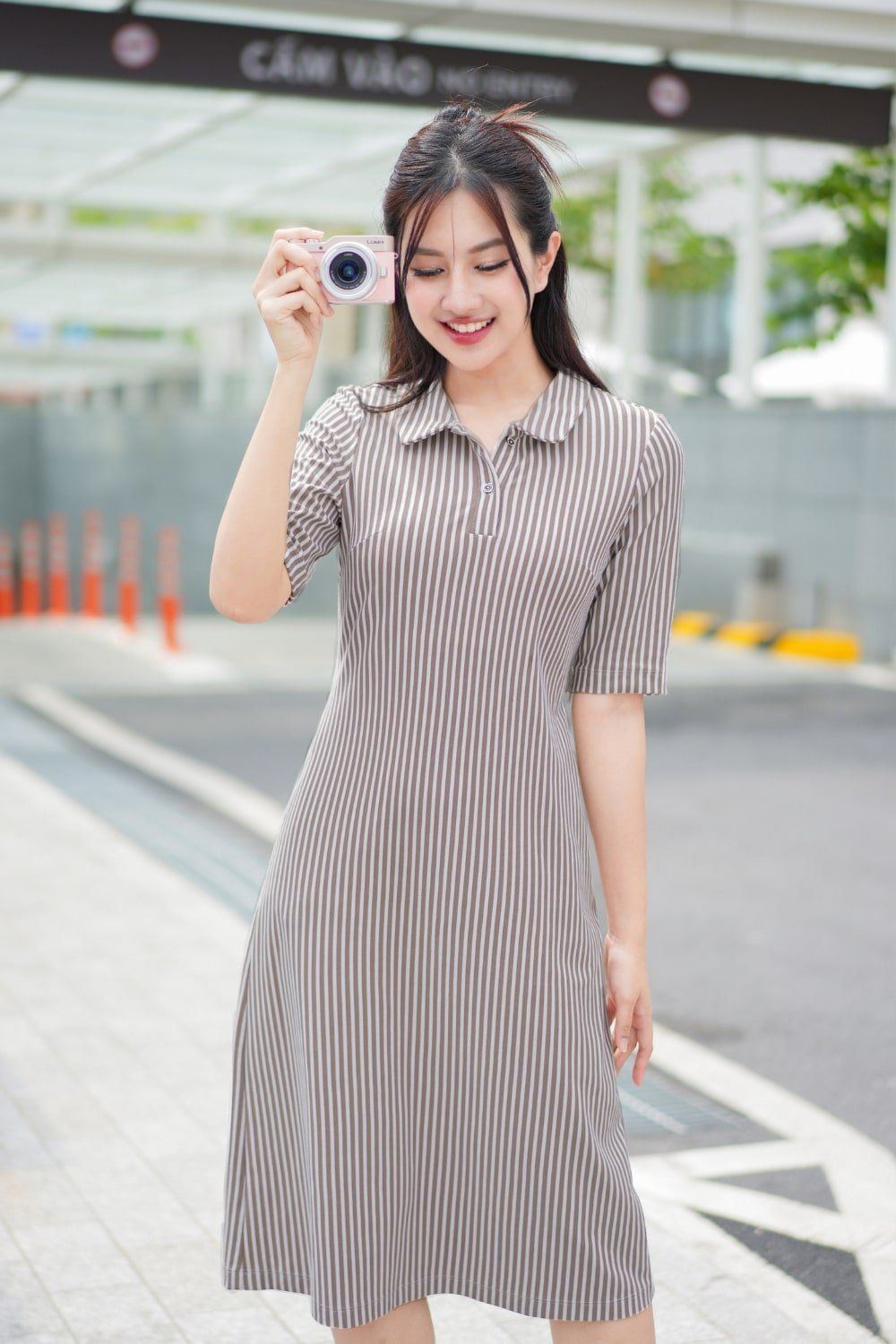  Đầm polo tay lỡ họa tiết kẻ sọc chất cotton mắt chim co giãn 