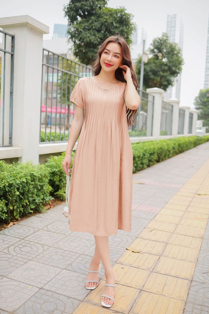  Váy xếp ly ngực chất đũi cao cấp dáng suông Cardina 