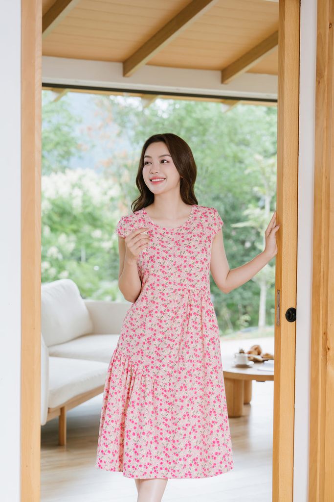  Đầm suông dài chất lụa Hàn Châu tay hến lệch tầng Cardina 